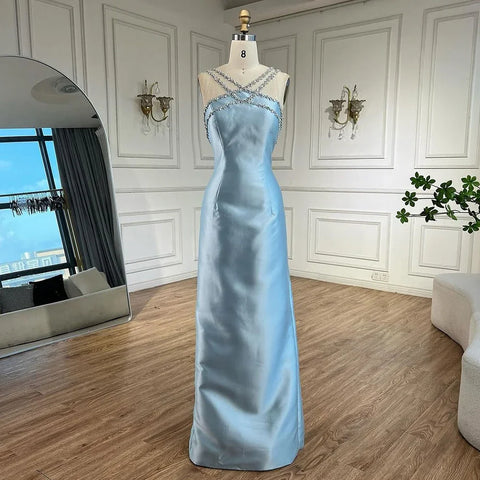 Elegant Light Blue Satin Arabic Evening Dress with Overskirt LA72524