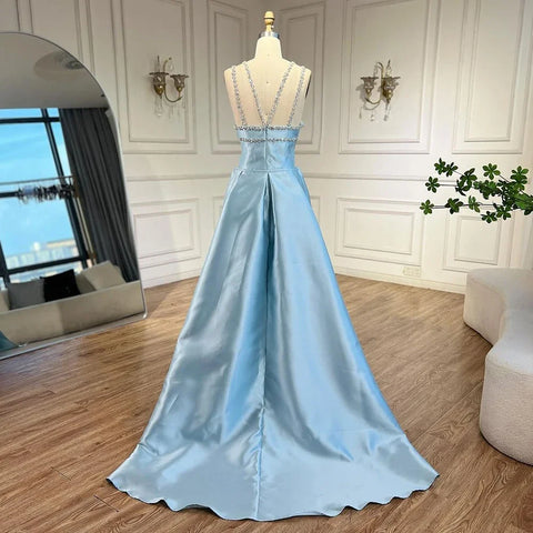Elegant Light Blue Satin Arabic Evening Dress with Overskirt LA72524