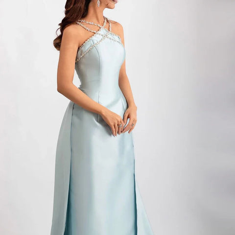 Elegant Light Blue Satin Arabic Evening Dress with Overskirt LA72524