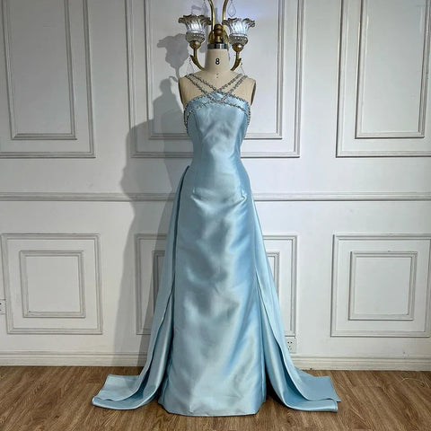 Elegant Light Blue Satin Arabic Evening Dress with Overskirt LA72524