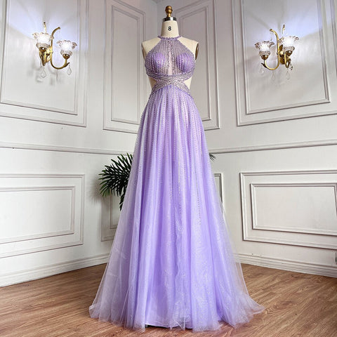 Vestido de graduación azul sexy de corte A con cuentas y cuello halter, estilo 2025, ideal para fiestas escolares y eventos de celebridades (LA71882) 