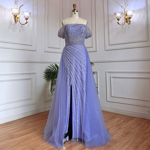 Blue Sexy Boat Neck Split Mermaid Elegant Beaded Arabic Evening Dresses Gowns For Woman Wedding Party 2025 LA71858