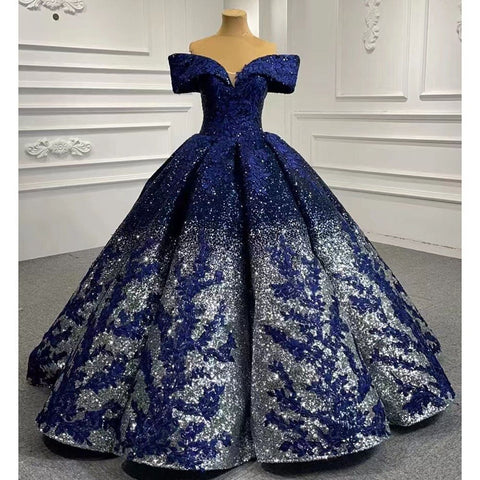 Robe de mariée bleue sexy à épaules dénudées, luxueuse, ornée de perles et de paillettes, haut de gamme, sur mesure, HM66536B, 2025 