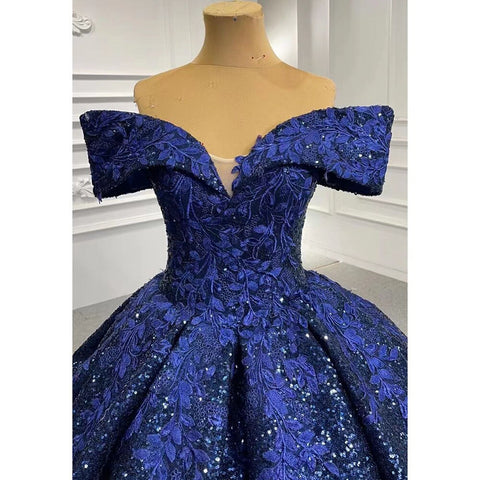 Robe de mariée bleue sexy à épaules dénudées, luxueuse, ornée de perles et de paillettes, haut de gamme, sur mesure, HM66536B, 2025 