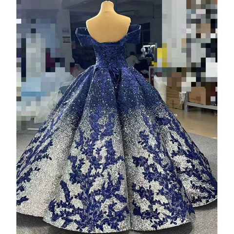 Robe de mariée bleue sexy à épaules dénudées, luxueuse, ornée de perles et de paillettes, haut de gamme, sur mesure, HM66536B, 2025 