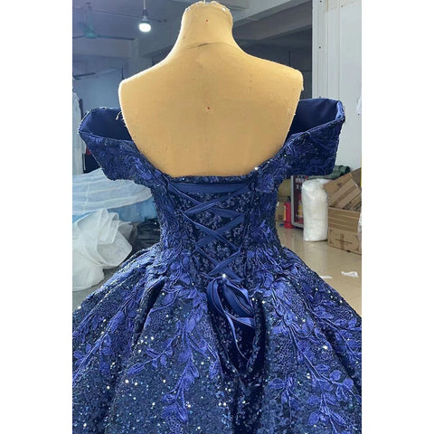 Robe de mariée bleue sexy à épaules dénudées, luxueuse, ornée de perles et de paillettes, haut de gamme, sur mesure, HM66536B, 2025 
