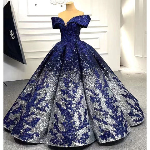 Robe de mariée bleue sexy à épaules dénudées, luxueuse, ornée de perles et de paillettes, haut de gamme, sur mesure, HM66536B, 2025 