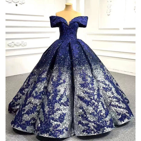 Robe de mariée bleue sexy à épaules dénudées, luxueuse, ornée de perles et de paillettes, haut de gamme, sur mesure, HM66536B, 2025 
