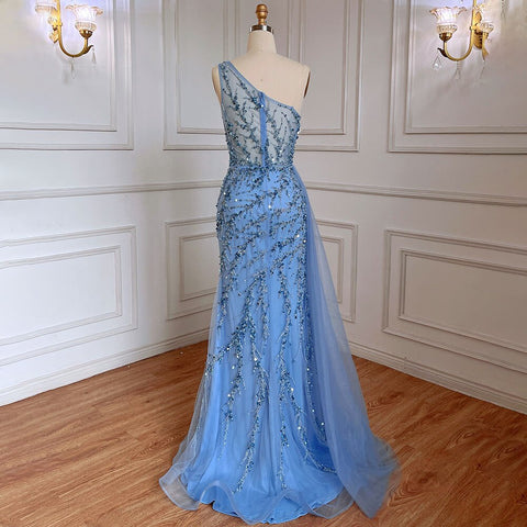 Vestido de noche árabe elegante, sexy, de un solo hombro, estilo sirena, con cuentas, color azul, para mujer, ideal para bodas y fiestas (2025) LA71653B 