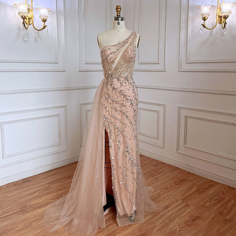 Vestido de noche árabe elegante, sexy, de un solo hombro, estilo sirena, con cuentas, color azul, para mujer, ideal para bodas y fiestas (2025) LA71653B 