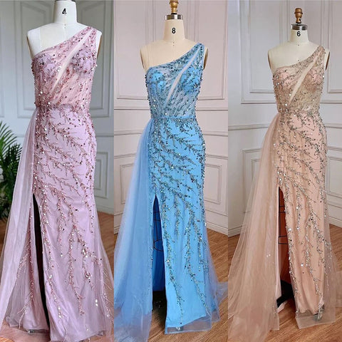 Vestido de noche árabe elegante, sexy, de un solo hombro, estilo sirena, con cuentas, color azul, para mujer, ideal para bodas y fiestas (2025) LA71653B 