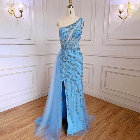 Vestido de noche árabe elegante, sexy, de un solo hombro, estilo sirena, con cuentas, color azul, para mujer, ideal para bodas y fiestas (2025) LA71653B 