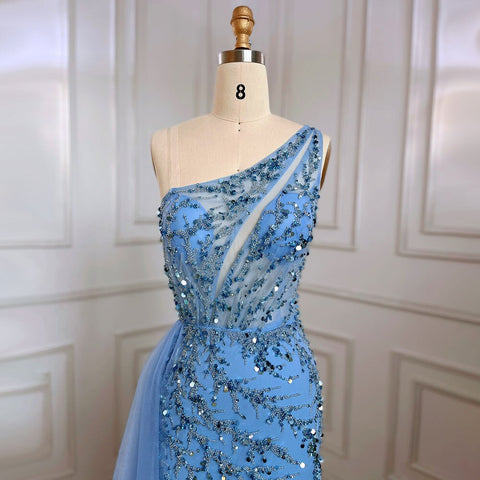 Vestido de noche árabe elegante, sexy, de un solo hombro, estilo sirena, con cuentas, color azul, para mujer, ideal para bodas y fiestas (2025) LA71653B 
