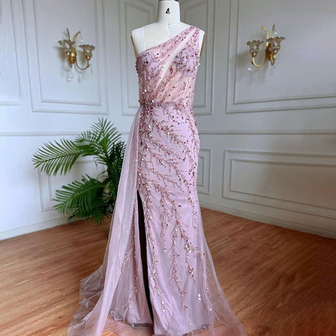 Vestido de noche árabe elegante, sexy, de un solo hombro, estilo sirena, con cuentas, color azul, para mujer, ideal para bodas y fiestas (2025) LA71653B 