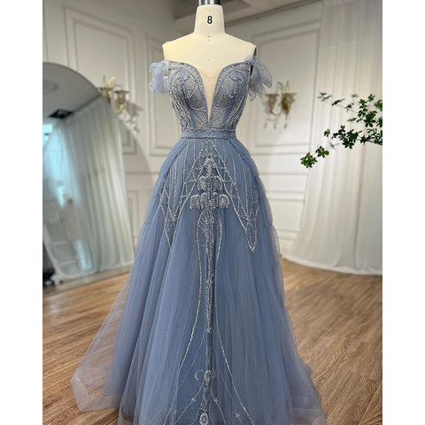 Blue Sexy Spaghetti Straps A Line Beaded Arabic Luxury Evening Dresses Gowns 2025 For Women Party LA71850