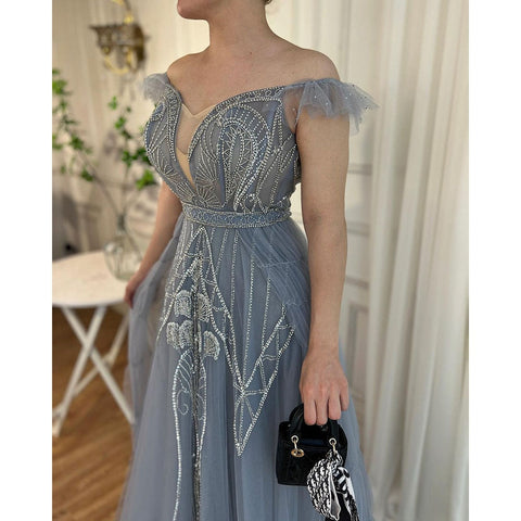 Blue Sexy Spaghetti Straps A Line Beaded Arabic Luxury Evening Dresses Gowns 2025 For Women Party LA71850