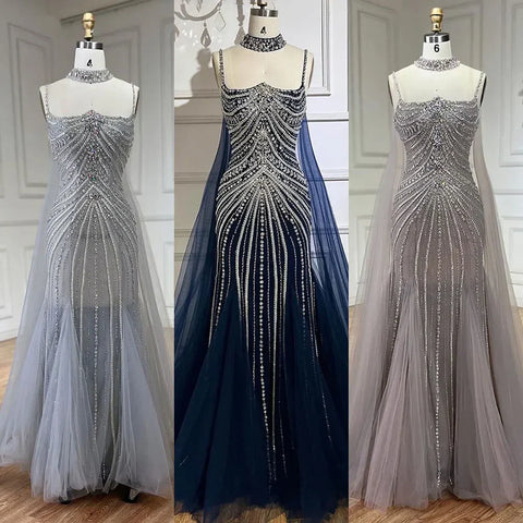 Blue Spaghetti Strap Long Cloak Mermaid Beaded Lace up Luxury Evening Dresses Gowns for Women Wedding Party LA72440