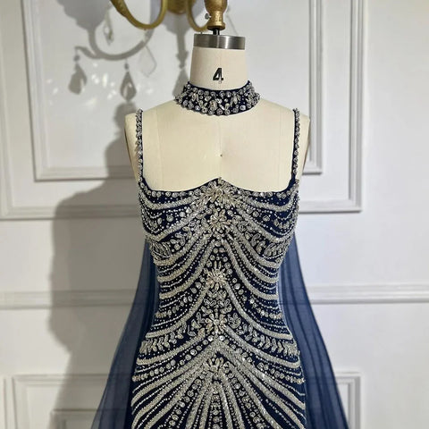 Blue Spaghetti Strap Long Cloak Mermaid Beaded Lace up Luxury Evening Dresses Gowns for Women Wedding Party LA72440