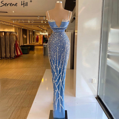 Blue Spaghetti Strap Mermaid Evening Dresses Gowns 2025 Luxury Beaded Elegant For Women Party LA71243