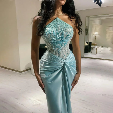 Blue Split Strapless Mermaid Luxury Beaded Arabic Dubai Evening Dresses Gowns for Women Wedding Party 2025 LA72572