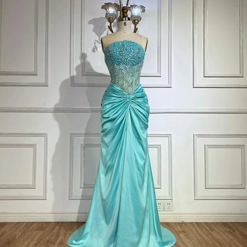 Blue Split Strapless Mermaid Luxury Beaded Arabic Dubai Evening Dresses Gowns for Women Wedding Party 2025 LA72572