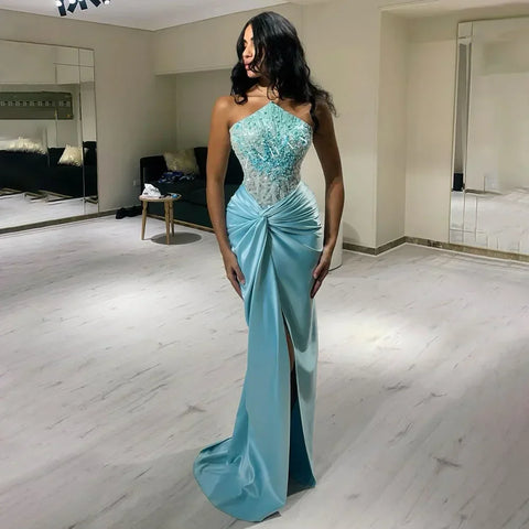 Blue Split Strapless Mermaid Luxury Beaded Arabic Dubai Evening Dresses Gowns for Women Wedding Party 2025 LA72572