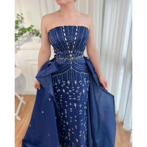 Blue Strapless Mermaid Overskirt Evening Party Gowns Beaded Elegant Formal Occasion Dresses For Women 2025 LA72051