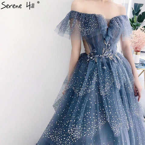 Robe de soirée bleue en forme de cœur, tenue de soirée sexy à plusieurs niveaux et perles, idéale pour les fêtes, modèle LA71450, 2025 