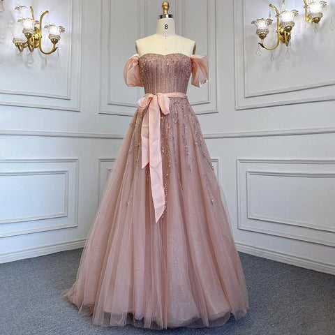 Blush Pink A-Line Sexy Off Shoulder Arabic Beading Crystal Luxury Evening Dress Women Formal Prom Dresse LA71745