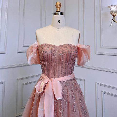 Blush Pink A-Line Sexy Off Shoulder Arabic Beading Crystal Luxury Evening Dress Women Formal Prom Dresse LA71745