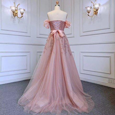 Blush Pink A-Line Sexy Off Shoulder Arabic Beading Crystal Luxury Evening Dress Women Formal Prom Dresse LA71745