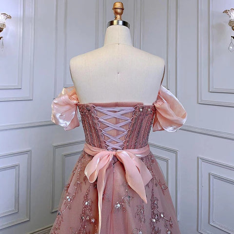 Blush Pink A-Line Sexy Off Shoulder Arabic Beading Crystal Luxury Evening Dress Women Formal Prom Dresse LA71745