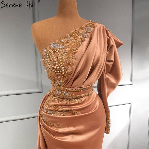 Vestidos de noche de satén rosa rubor estilo sirena, elegantes, con un solo hombro y cuentas, para mujer, ideales para fiestas (LA71200) 