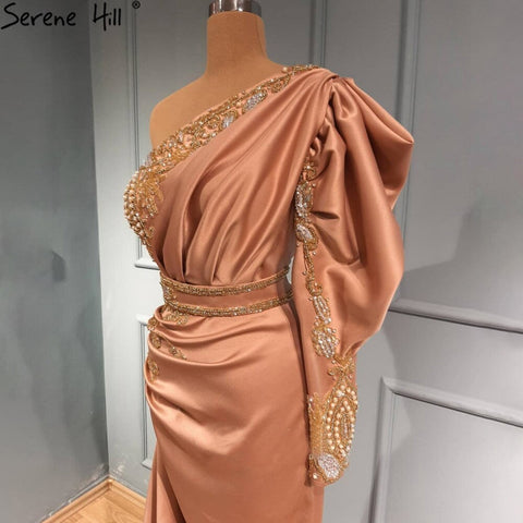 Vestidos de noche de satén rosa rubor estilo sirena, elegantes, con un solo hombro y cuentas, para mujer, ideales para fiestas (LA71200) 