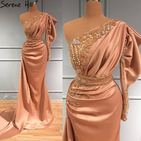 Vestidos de noche de satén rosa rubor estilo sirena, elegantes, con un solo hombro y cuentas, para mujer, ideales para fiestas (LA71200) 