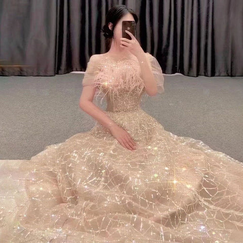 Vestido de fiesta de lujo rosa rubor sin mangas, corte en A, escote barco, con cuentas y plumas, para mujer, de noche, 2025 LA71797 