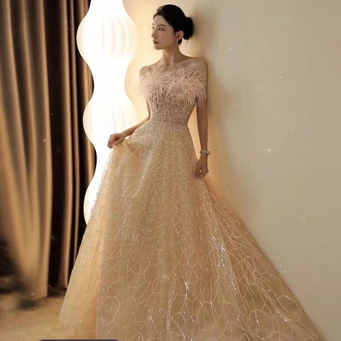 Vestido de fiesta de lujo rosa rubor sin mangas, corte en A, escote barco, con cuentas y plumas, para mujer, de noche, 2025 LA71797 