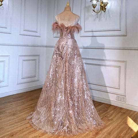 Blush Roze Strapless Luxe Avond Jurken 2025 Kralen Feather A-lijn Para Vrouwen Party LA71560 