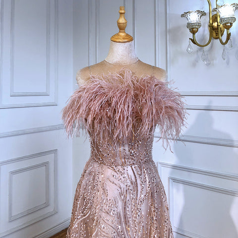Blush Roze Strapless Luxe Avond Jurken 2025 Kralen Feather A-lijn Para Vrouwen Party LA71560 