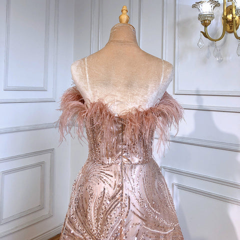 Blush Roze Strapless Luxe Avond Jurken 2025 Kralen Feather A-lijn Para Vrouwen Party LA71560 
