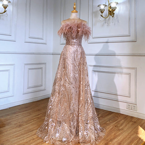 Blush Roze Strapless Luxe Avond Jurken 2025 Kralen Feather A-lijn Para Vrouwen Party LA71560 