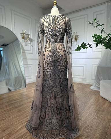 Brown Arabic Mermaid Elegant Cape Sleeves Sexy Evening Dresses Gowns 2025 Luxury Beaded For Women Party LA71832