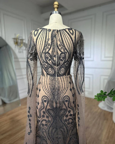 Brown Arabic Mermaid Elegant Cape Sleeves Sexy Evening Dresses Gowns 2025 Luxury Beaded For Women Party LA71832