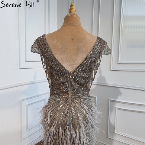 Brown Mermaid Elegant Luxury Beaded Evening Dress Gown with Feathers LA70801