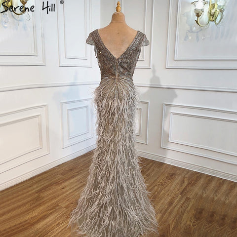 Brown Mermaid Elegant Luxury Beaded Evening Dress Gown with Feathers LA70801