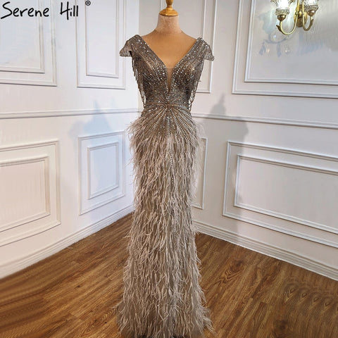 Brown Mermaid Elegant Luxury Beaded Evening Dress Gown with Feathers LA70801