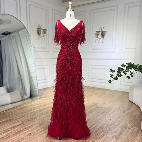 Brown Mermaid Luxury Evening Dresses Gowns 2025 Beaded Feather Elegant For Woman Party LA71323