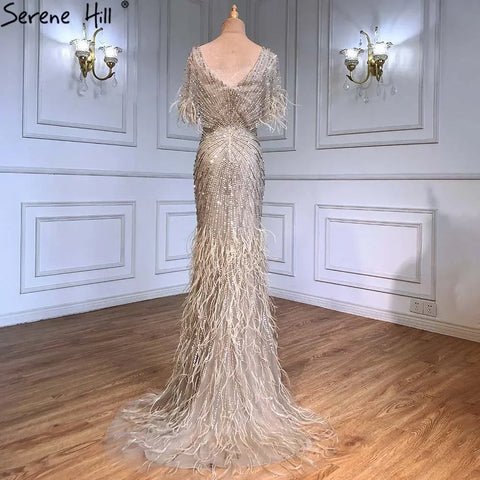 Brown Mermaid Luxury Evening Dresses Gowns 2025 Beaded Feather Elegant For Woman Party LA71323