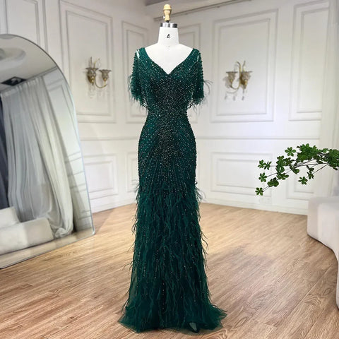 Brown Mermaid Luxury Evening Dresses Gowns 2025 Beaded Feather Elegant For Woman Party LA71323