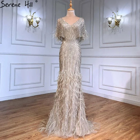 Brown Mermaid Luxury Evening Dresses Gowns 2025 Beaded Feather Elegant For Woman Party LA71323